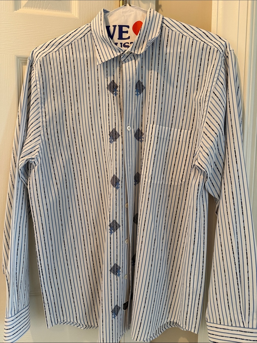 Men's White and Navy Striped Button-Up Shirt